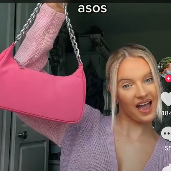 Nylon Curved 90s Shoulder Bag Purse Handbag with Silver Chain Strap Pink - Picture 2 of 12